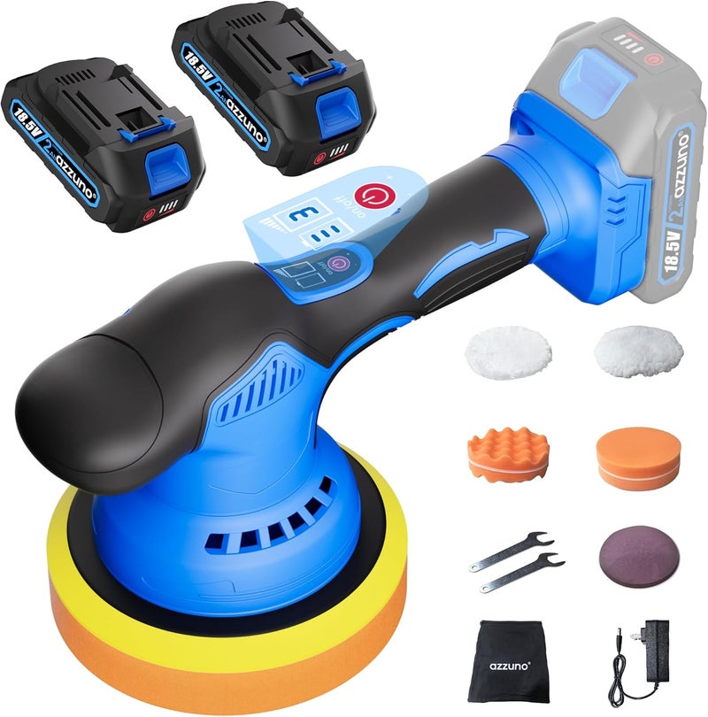 AZZUNO Cordless Car Buffer Polisher, 2x2Ah 21V Batteries 6'' Car buffer Waxer Kit, 8 Variable Speed 5500RPM Orbital Polisher, 5 Kinds Pads Polisher for Car Detailing, Boat Sanding, Scratch Removing - Image 1